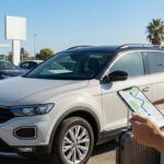 Kobieta stojąca na parkingu wypożyczalni samochodów, korzystająca z tabletu z mapą przy zaparkowanym SUV-ie obok walizki.