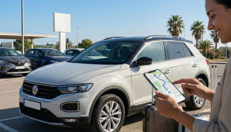 Kobieta stojąca na parkingu wypożyczalni samochodów, korzystająca z tabletu z mapą przy zaparkowanym SUV-ie obok walizki.