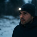 Mężczyzna w zimowym lesie o zmroku, ubrany w czapkę i kurtkę, z zapaloną latarką czołową emitującą jasne światło na tle zaśnieżonego, ciemnego krajobrazu.