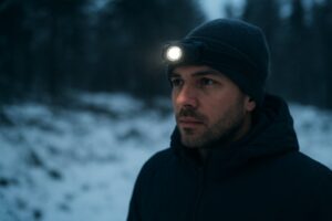 Mężczyzna w zimowym lesie o zmroku, ubrany w czapkę i kurtkę, z zapaloną latarką czołową emitującą jasne światło na tle zaśnieżonego, ciemnego krajobrazu.