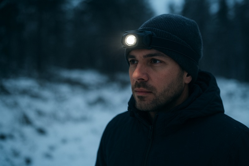 Mężczyzna w zimowym lesie o zmroku, ubrany w czapkę i kurtkę, z zapaloną latarką czołową emitującą jasne światło na tle zaśnieżonego, ciemnego krajobrazu.