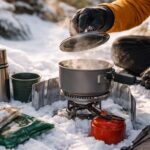 Gotowanie posiłku na zimowym biwaku przy użyciu kuchenki turystycznej ustawionej na śniegu, z garnkiem, parą wodną i sprzętem biwakowym wokół