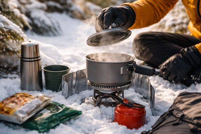 Gotowanie posiłku na zimowym biwaku przy użyciu kuchenki turystycznej ustawionej na śniegu, z garnkiem, parą wodną i sprzętem biwakowym wokół