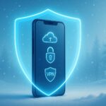 Smartfon otoczony świecącą tarczą ochronną w zimowym, śnieżnym krajobrazie; na ekranie widoczne ikony chmury, kłódki i VPN symbolizujące bezpieczeństwo danych
