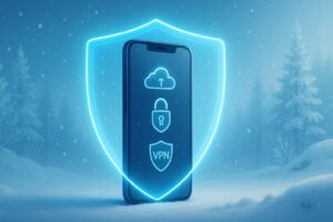 Smartfon otoczony świecącą tarczą ochronną w zimowym, śnieżnym krajobrazie; na ekranie widoczne ikony chmury, kłódki i VPN symbolizujące bezpieczeństwo danych