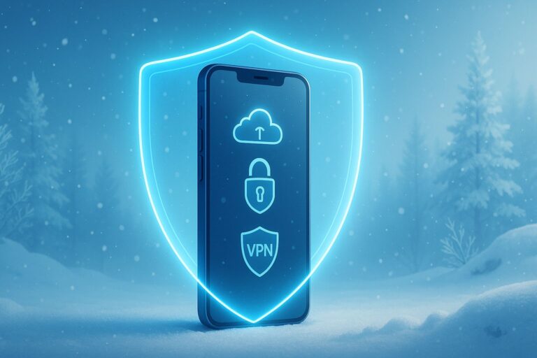 Smartfon otoczony świecącą tarczą ochronną w zimowym, śnieżnym krajobrazie; na ekranie widoczne ikony chmury, kłódki i VPN symbolizujące bezpieczeństwo danych