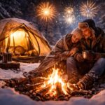 Para siedząca przy ognisku przed namiotem w zimowym lesie podczas sylwestra, wokół śnieg i nocne fajerwerki na niebie