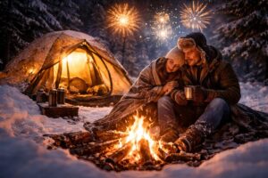 Para siedząca przy ognisku przed namiotem w zimowym lesie podczas sylwestra, wokół śnieg i nocne fajerwerki na niebie