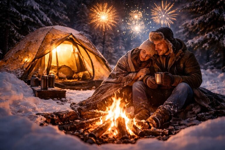 Para siedząca przy ognisku przed namiotem w zimowym lesie podczas sylwestra, wokół śnieg i nocne fajerwerki na niebie