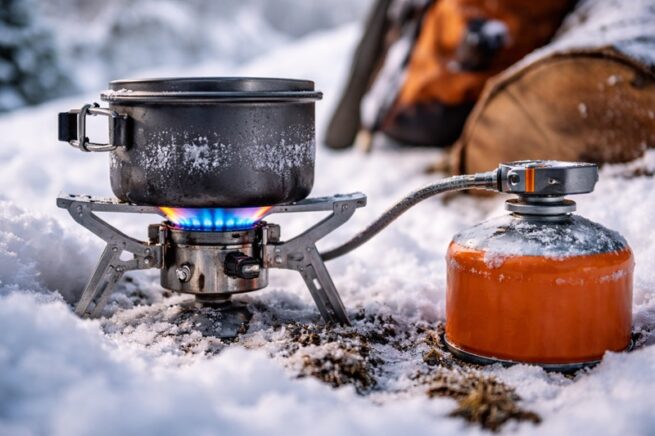 Kuchenka gazowa używana zimą na śniegu, palnik z niebieskim płomieniem i kartusz gazowy w mroźnych warunkach biwakowych