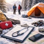 Sprzęt do zimowego biwaku ułożony na śniegu z namiotem w tle, apteczką, mapą i dokumentami ubezpieczeniowymi w górskim, zimowym krajobrazie