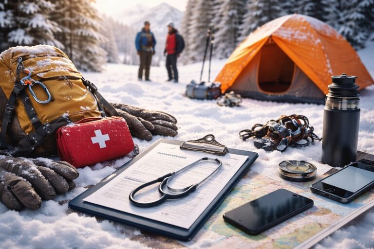 Sprzęt do zimowego biwaku ułożony na śniegu z namiotem w tle, apteczką, mapą i dokumentami ubezpieczeniowymi w górskim, zimowym krajobrazie