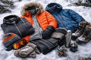 System warstw biwak – zimowy ekwipunek outdoorowy ułożony na śniegu, kurtki, rękawice, czapka, buty i sprzęt biwakowy przy niskiej temperaturze