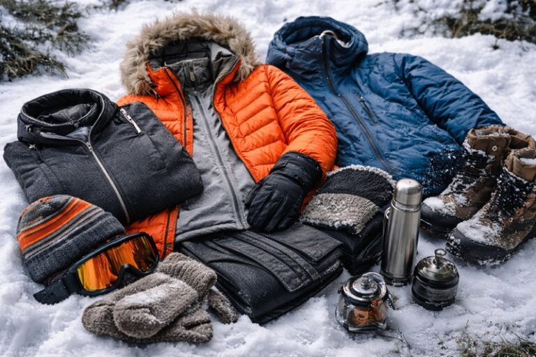 System warstw biwak – zimowy ekwipunek outdoorowy ułożony na śniegu, kurtki, rękawice, czapka, buty i sprzęt biwakowy przy niskiej temperaturze