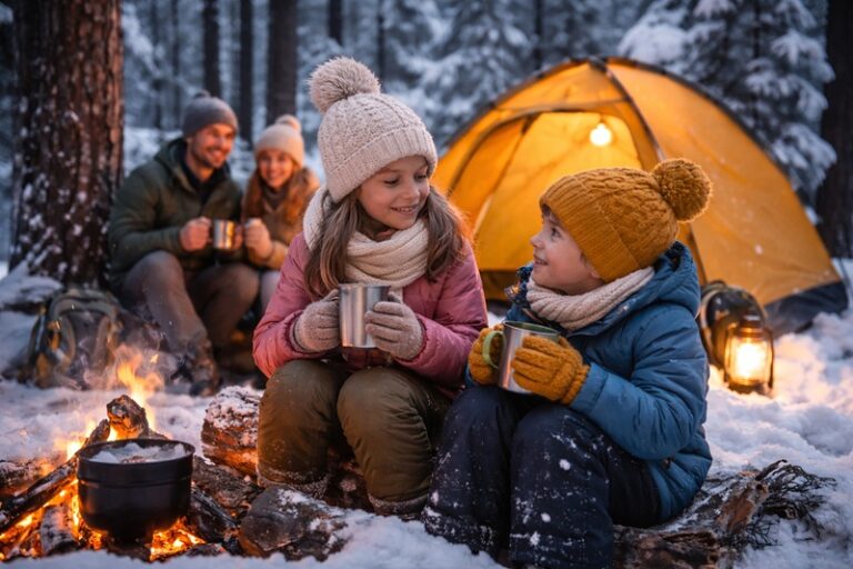 biwak z dziećmi zimą przy ognisku i namiocie w śnieżnym lesie