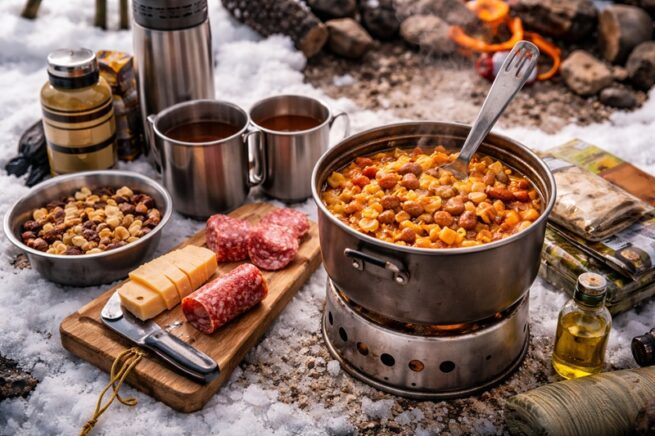 kaloryczność posiłków zimowych ciepły jednogarnkowy posiłek gotowany na kuchence podczas biwaku w śniegu
