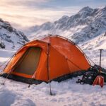 namiot zimowy czterosezonowy rozstawiony w górach na śniegu podczas mroźnego biwaku
