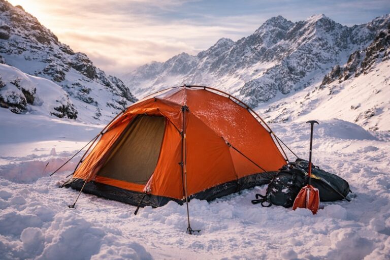 namiot zimowy czterosezonowy rozstawiony w górach na śniegu podczas mroźnego biwaku