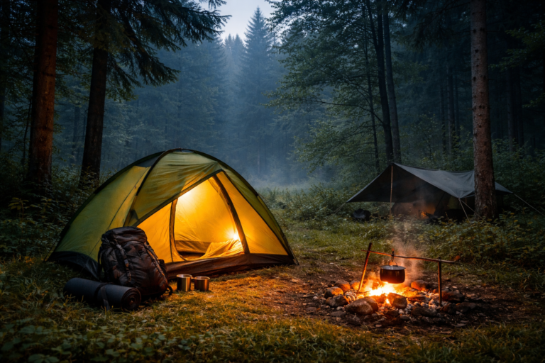 Namiot rozbity na dziko w lesie podczas biwaku w Polsce