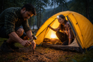 Para rozbijająca żółty namiot w lesie nad jeziorem podczas deszczu