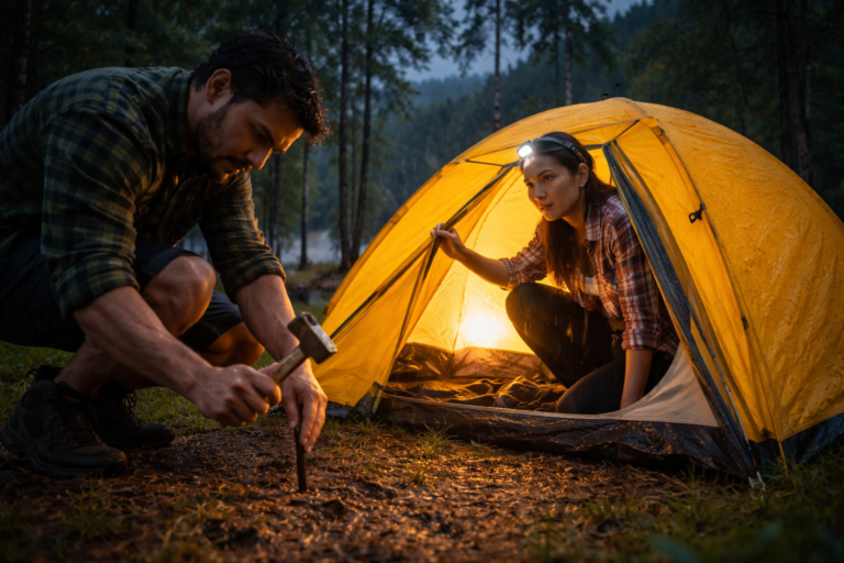 Para rozbijająca żółty namiot w lesie nad jeziorem podczas deszczu