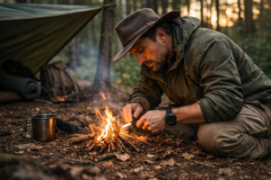 Mężczyzna rozpalający ognisko w lesie podczas biwaku bushcraftowego