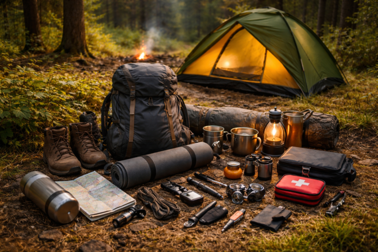 Sprzęt biwakowy rozłożony w lesie — namiot, plecak i wyposażenie na biwak
