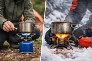 Turysta gotujący na kuchence gazowej i benzynowej w terenie