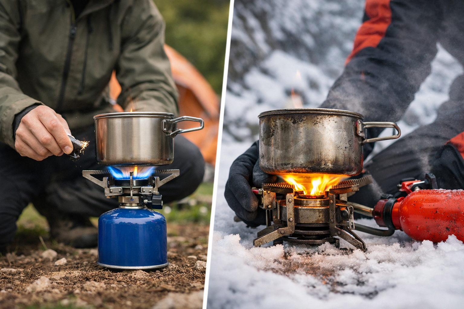 Turysta gotujący na kuchence gazowej i benzynowej w terenie