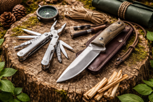 Multitool i nóż survivalowy na pniu drzewa w leśnym obozowisku