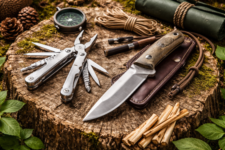 Multitool i nóż survivalowy na pniu drzewa w leśnym obozowisku