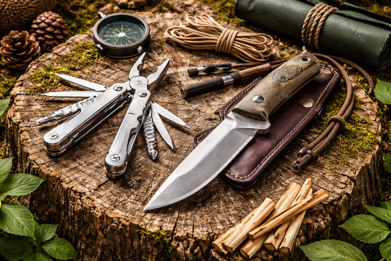 Multitool i nóż survivalowy na pniu drzewa w leśnym obozowisku