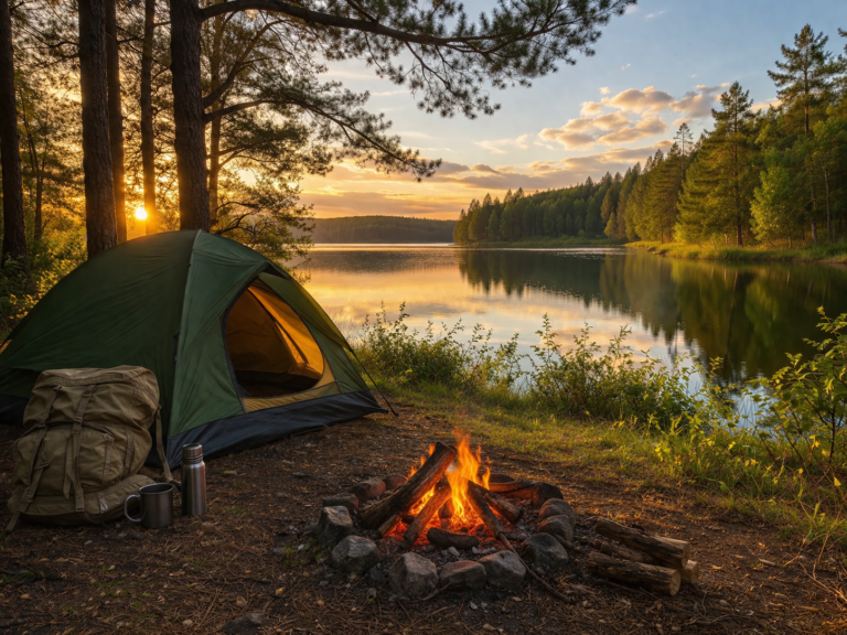biwak nad jeziorem w lesie z namiotem i ogniskiem o zachodzie słońca