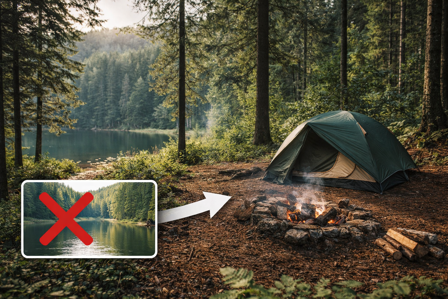 namiot rozbity w lesie na równym terenie z dala od jeziora i ogniskiem obok