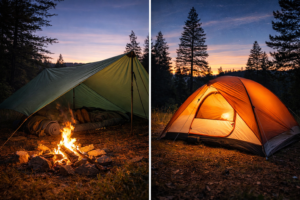 Porównanie tarp i namiotu podczas biwakowania w lesie o zachodzie słońca