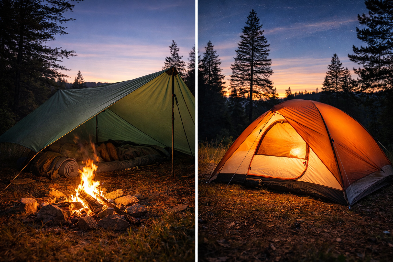 Porównanie tarp i namiotu podczas biwakowania w lesie o zachodzie słońca