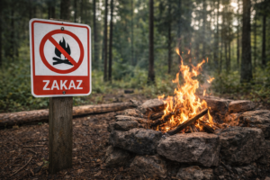 zakaz ogniska w lesie oraz legalne palenisko w wyznaczonym miejscu na biwaku