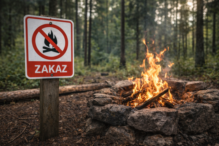 zakaz ogniska w lesie oraz legalne palenisko w wyznaczonym miejscu na biwaku