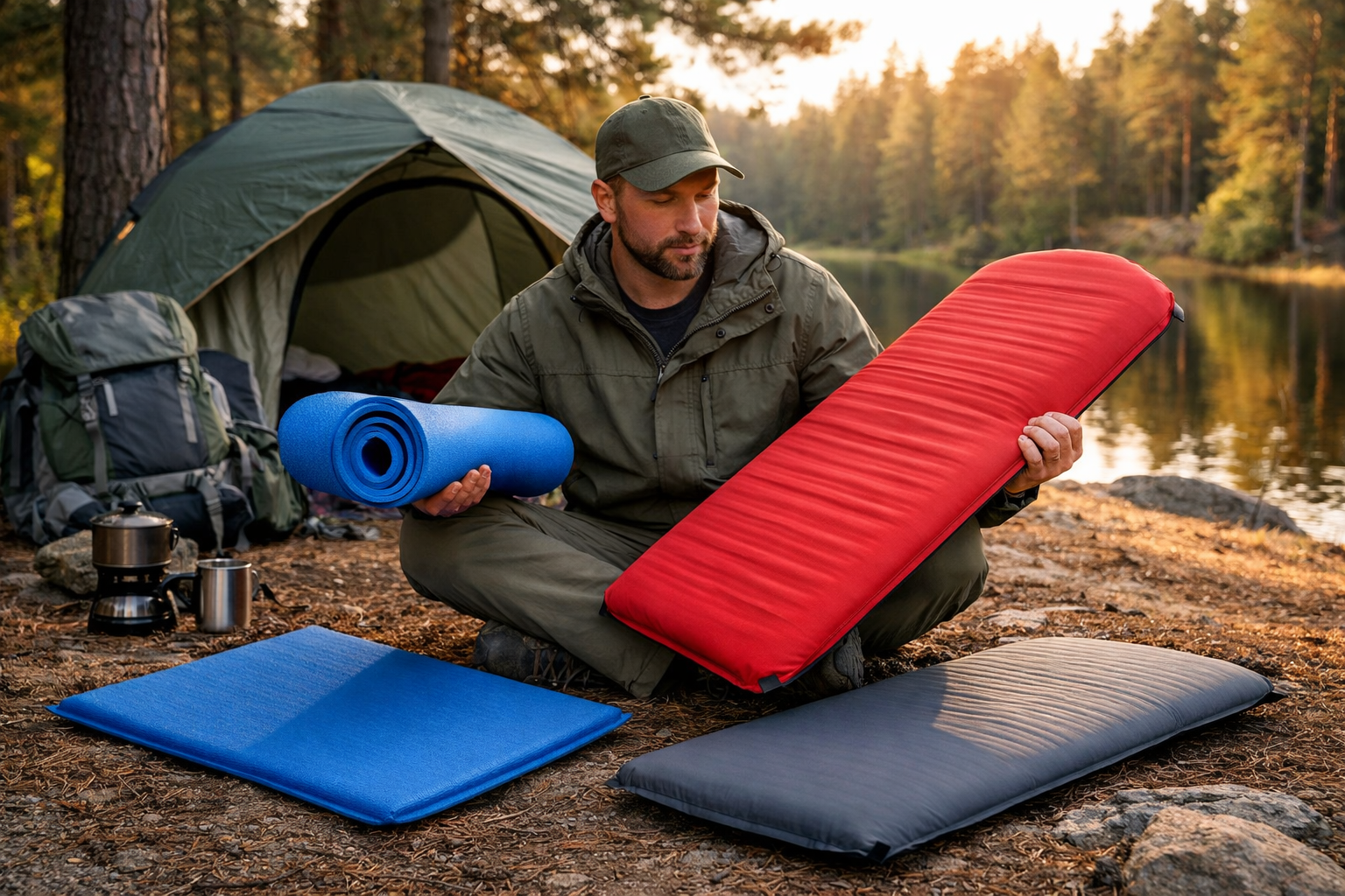 Turysta na biwaku porównuje karimatę i matę samopompującą przed namiotem nad jeziorem
