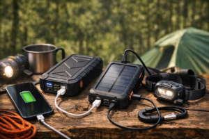 Wytrzymały powerbank ładuje telefon i latarkę podczas biwakowania w lesie