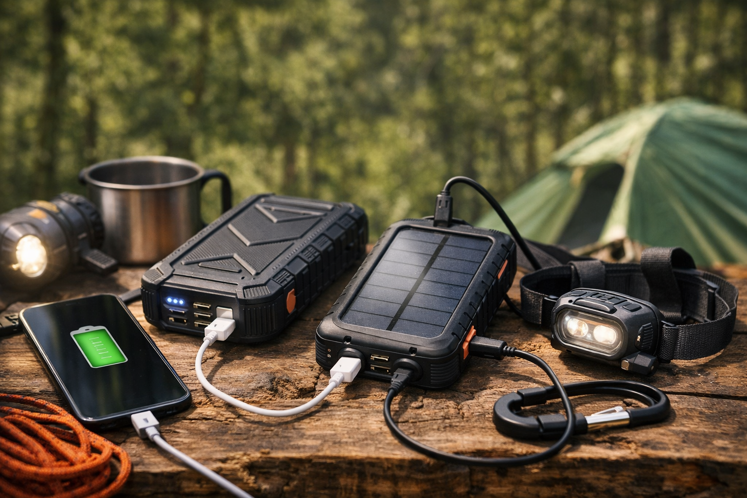 Wytrzymały powerbank ładuje telefon i latarkę podczas biwakowania w lesie