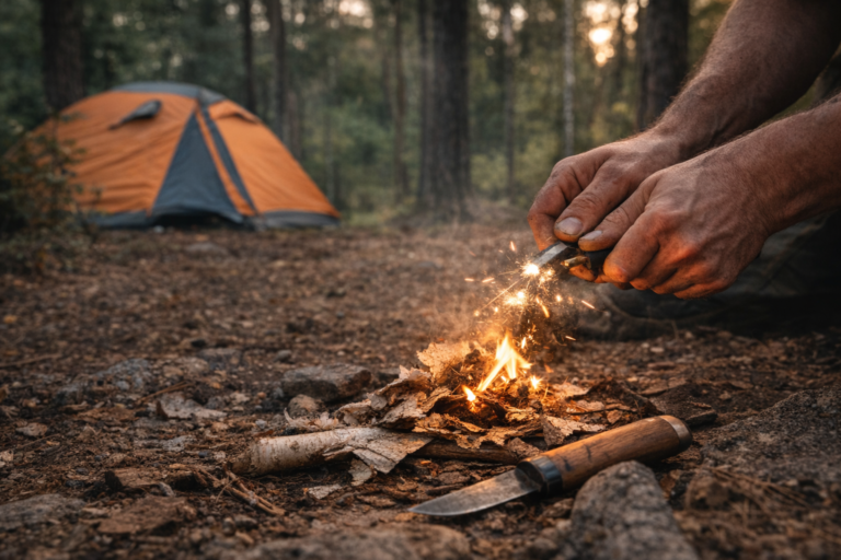 rozpalanie ognia bez zapalniczki przy użyciu krzesiwa w lesie