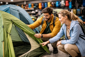 Para oglądająca namiot trekkingowy w sklepie turystycznym