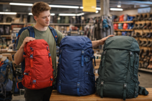 Młody mężczyzna porównuje plecaki turystyczne w sklepie outdoorowym