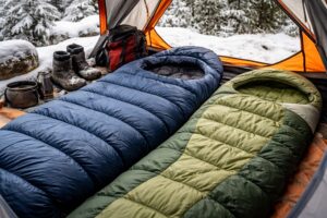 śpiwór zimowy vs cztery pory roku ułożone w namiocie podczas zimowego biwaku na śniegu