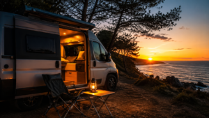 akcesoria do kampera w praktyce podczas podróży vanlife przy zachodzie słońca