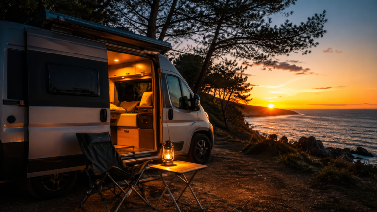 akcesoria do kampera w praktyce podczas podróży vanlife przy zachodzie słońca