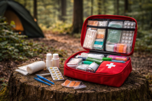 apteczka turystyczna z wyposażeniem rozłożona na pniu drzewa w lesie obok namiotu