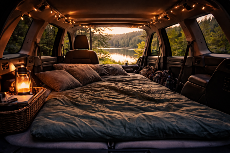 wnętrze samochodu przystosowane do spania materac w aucie biwak nad jeziorem