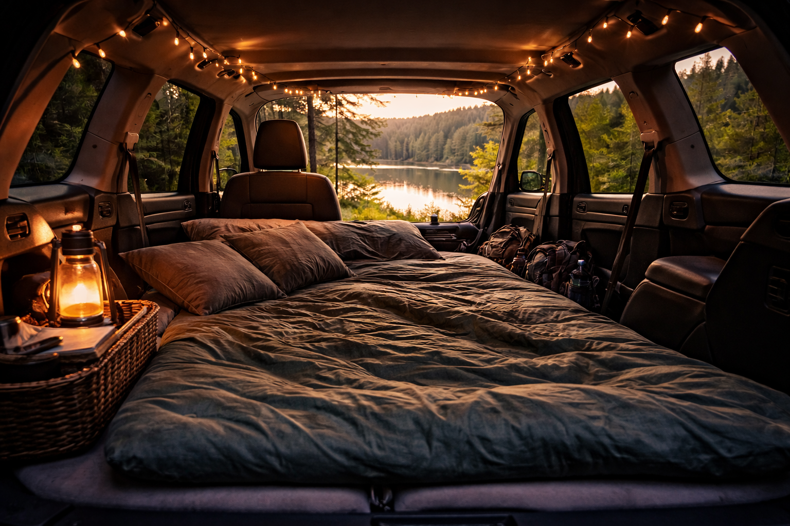 wnętrze samochodu przystosowane do spania materac w aucie biwak nad jeziorem